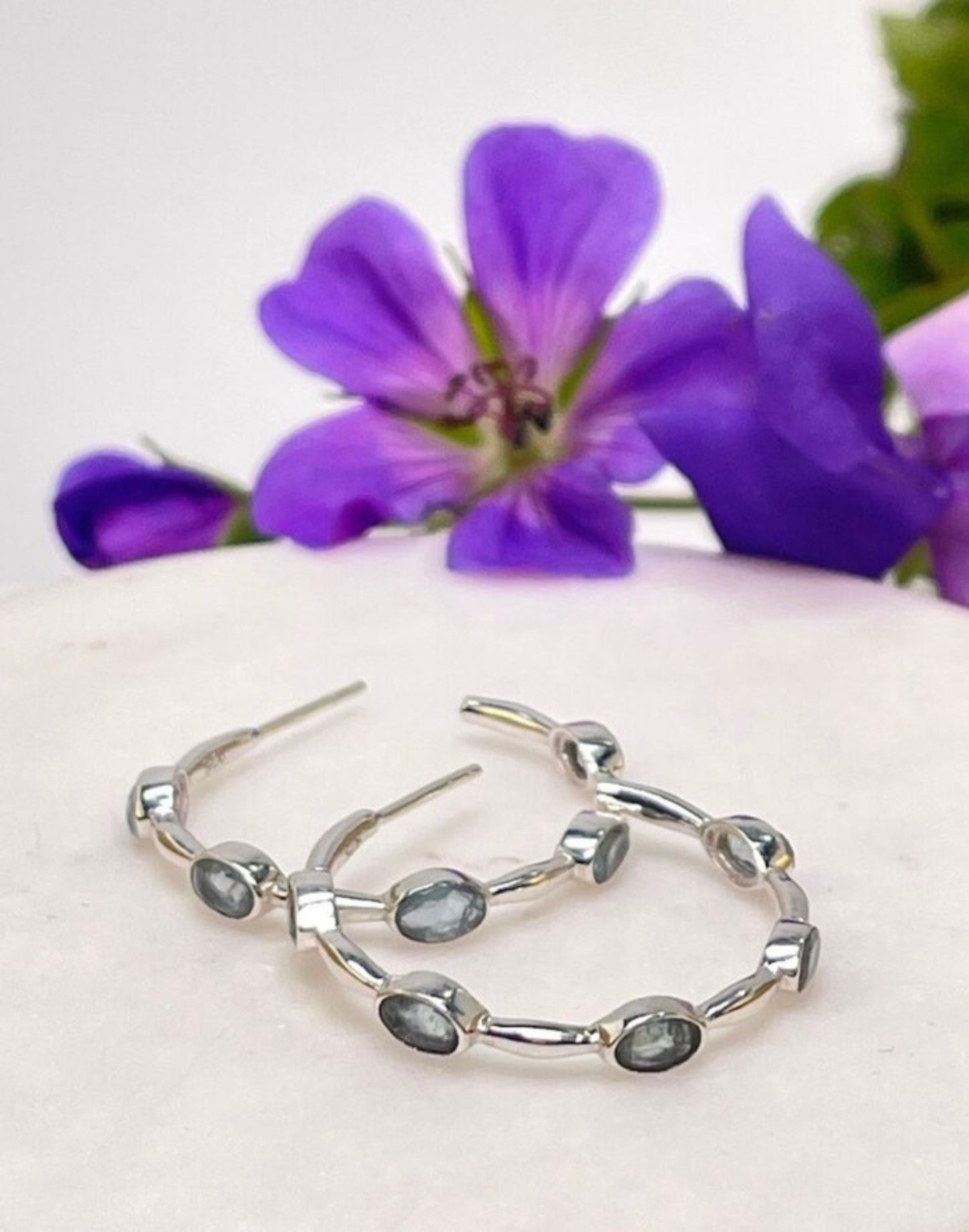 Apatite gemstone silver hoops