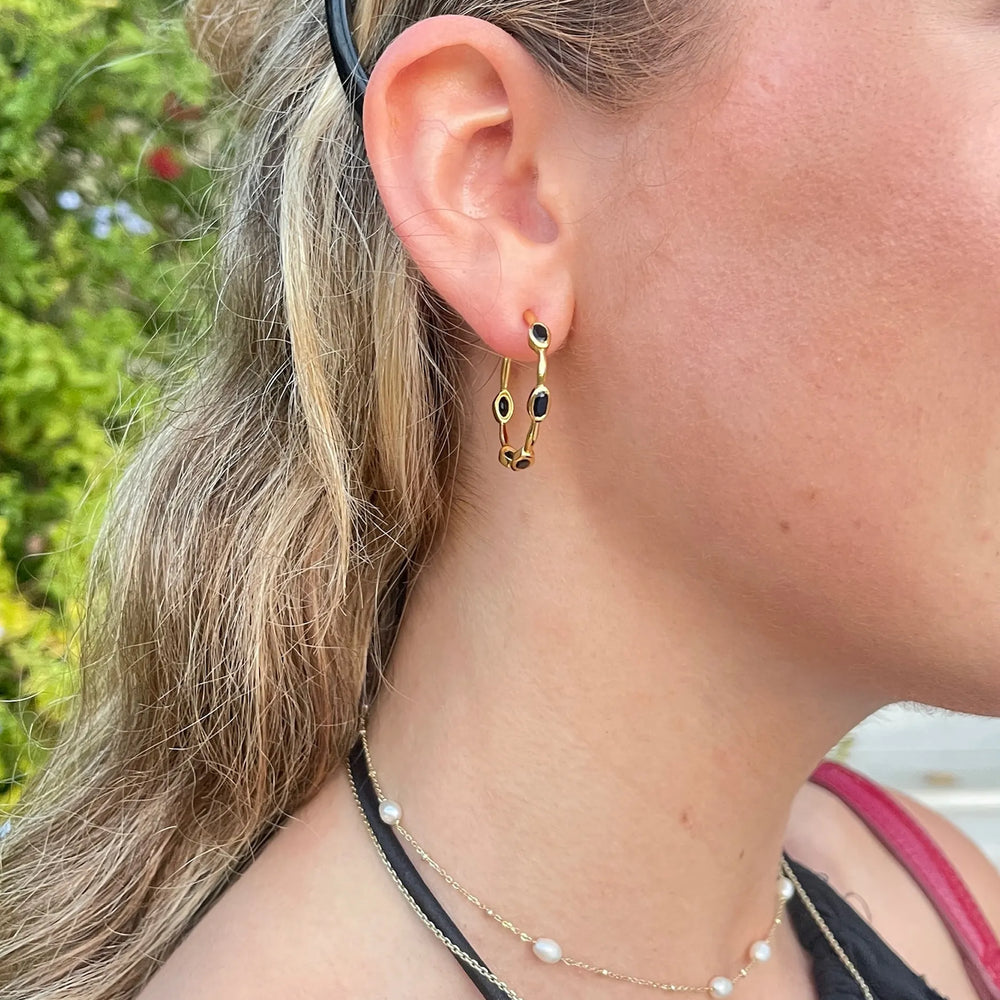 Black Onyx gold hoop earrings