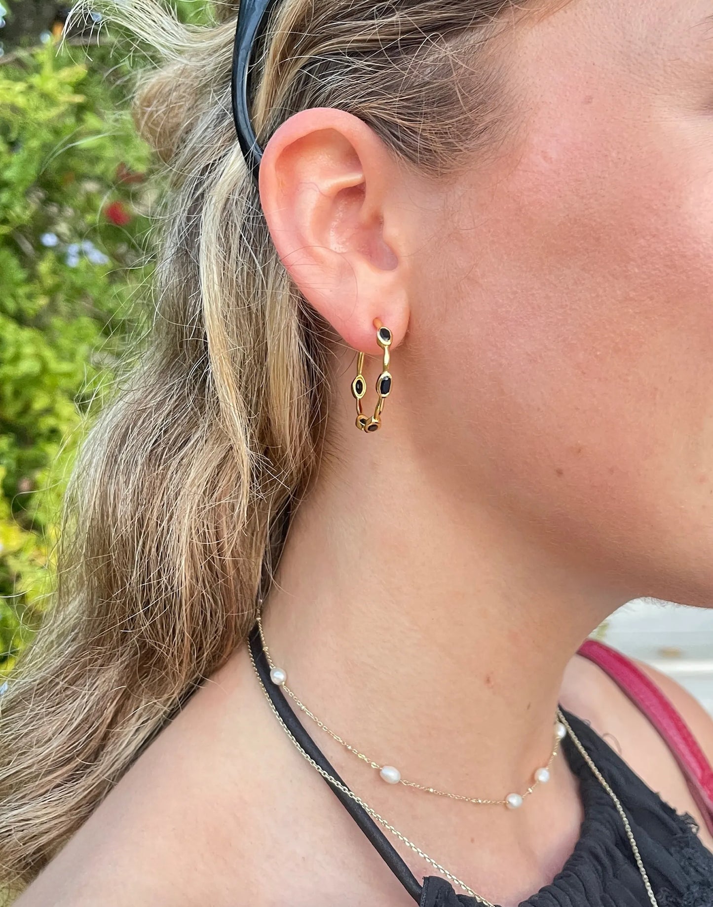 Black Onyx gold hoop earrings