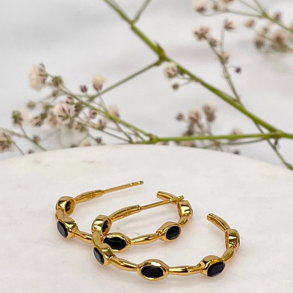 Black onyx gold hoop earrings
