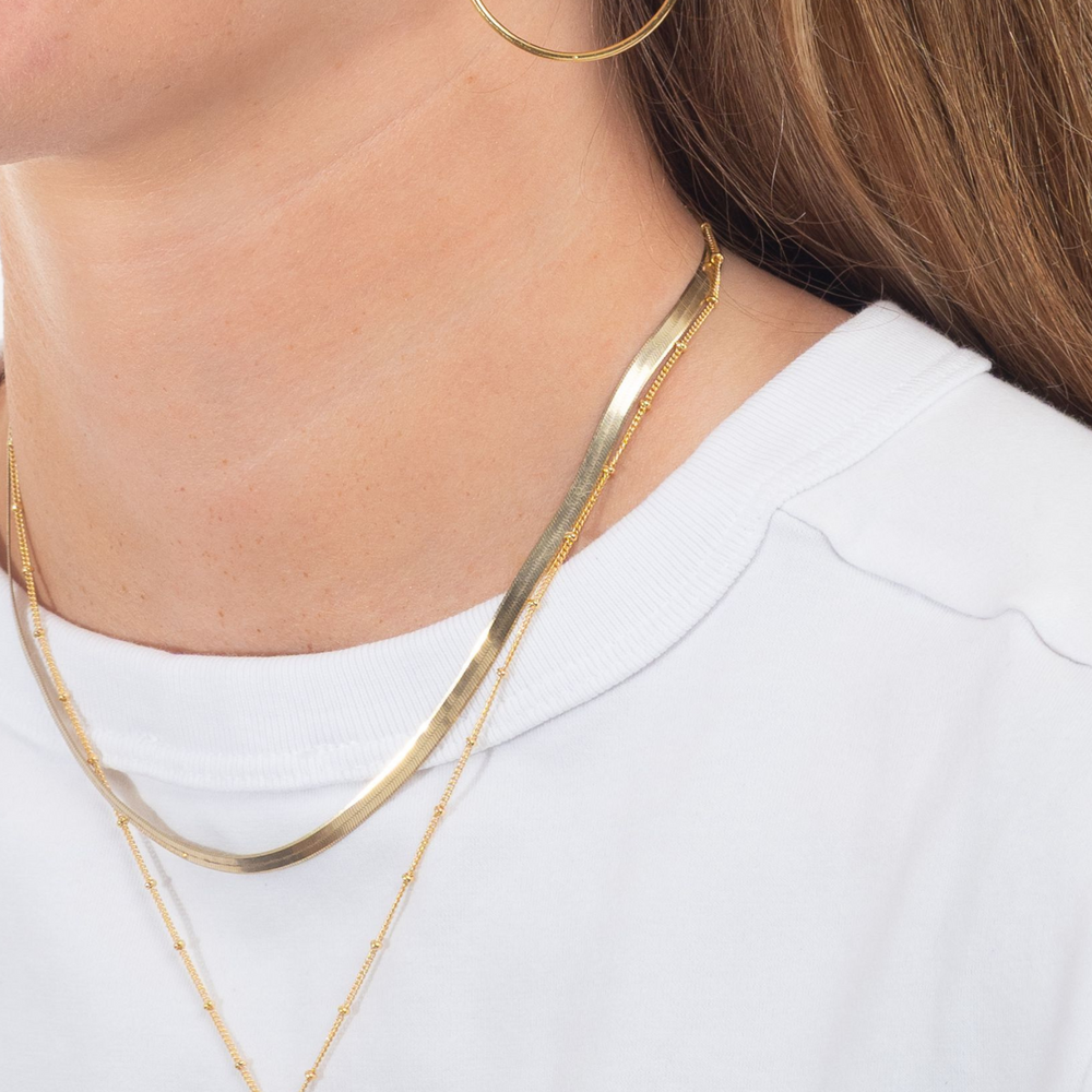 
                  
                    model wears 46cm herringbone with layered gold necklaces
                  
                