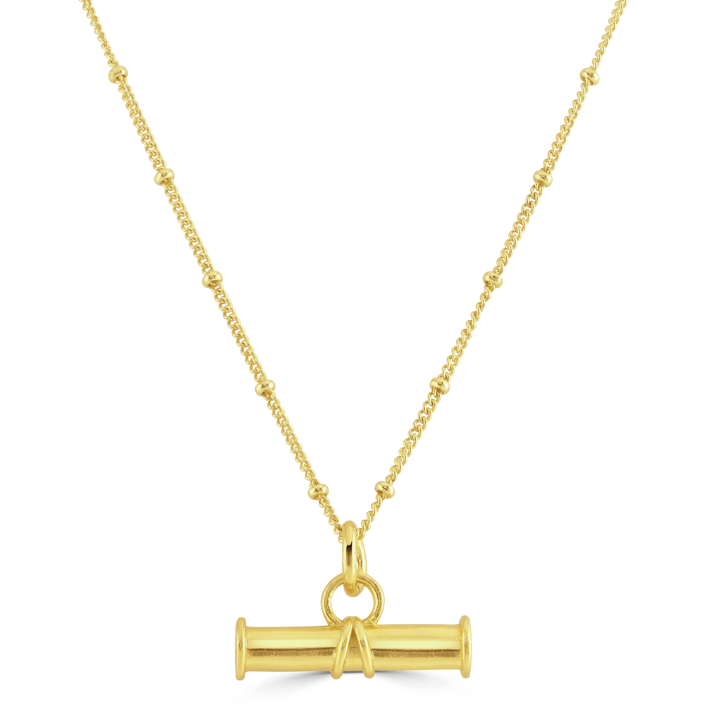 Gold T bar necklace on satellite chain