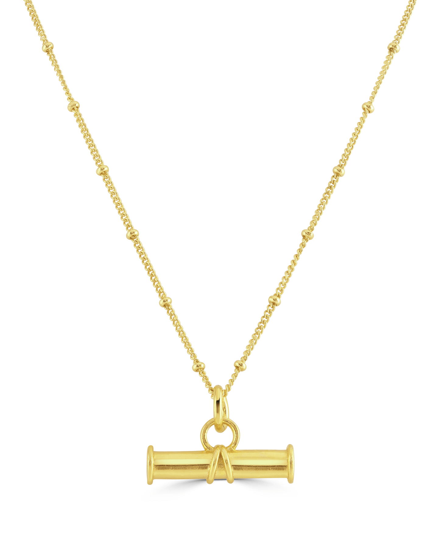 Gold T bar necklace on satellite chain
