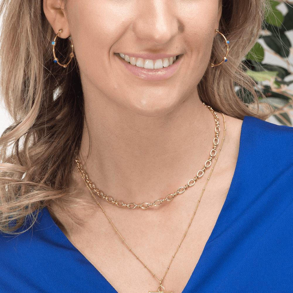 Gold T Bar necklace layered with gold chain 