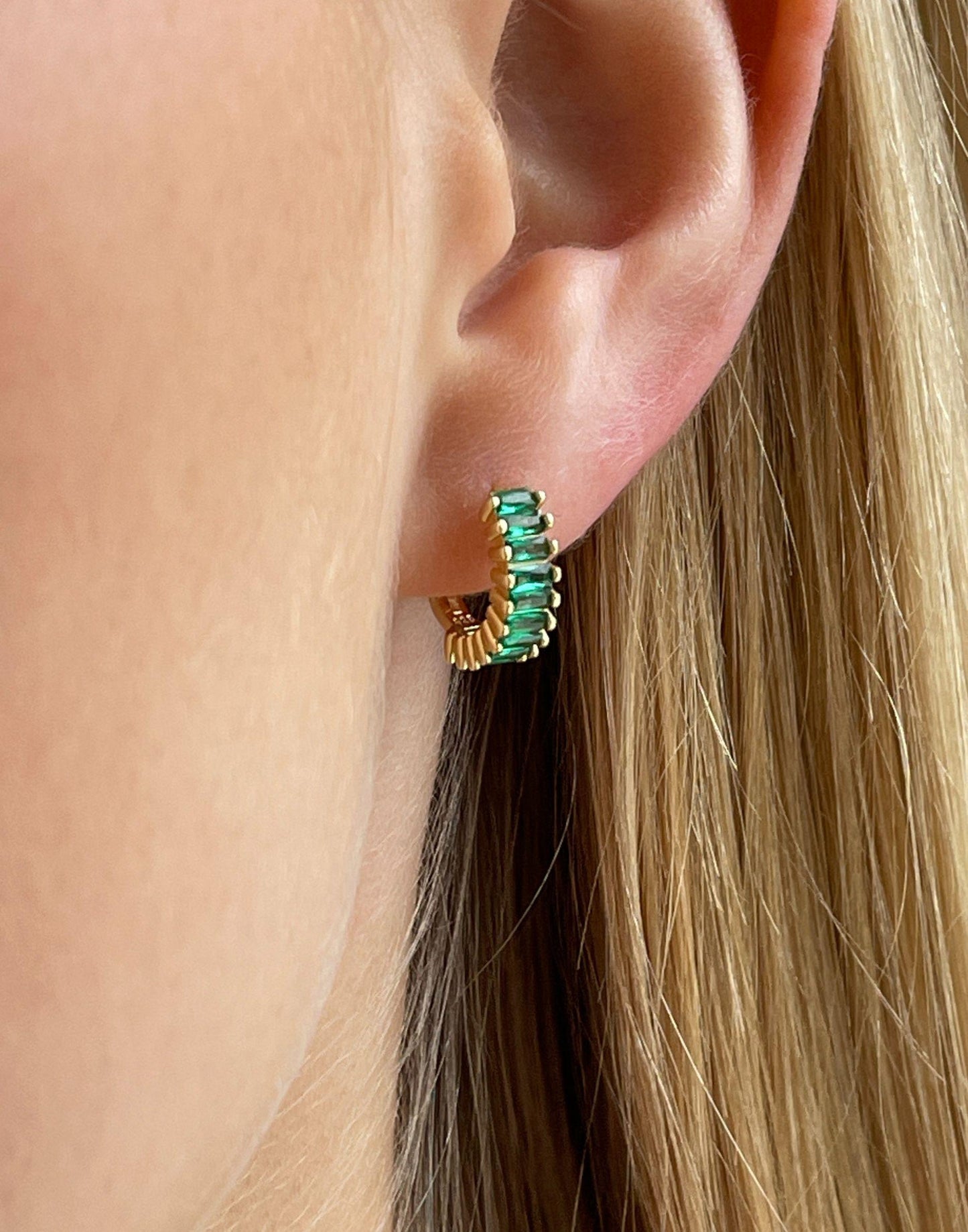 Model Wears Gold and Green Holiday Huggie Earrings