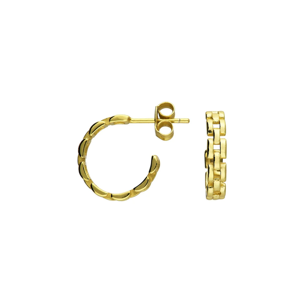 Gold gate hoop earrings on white background