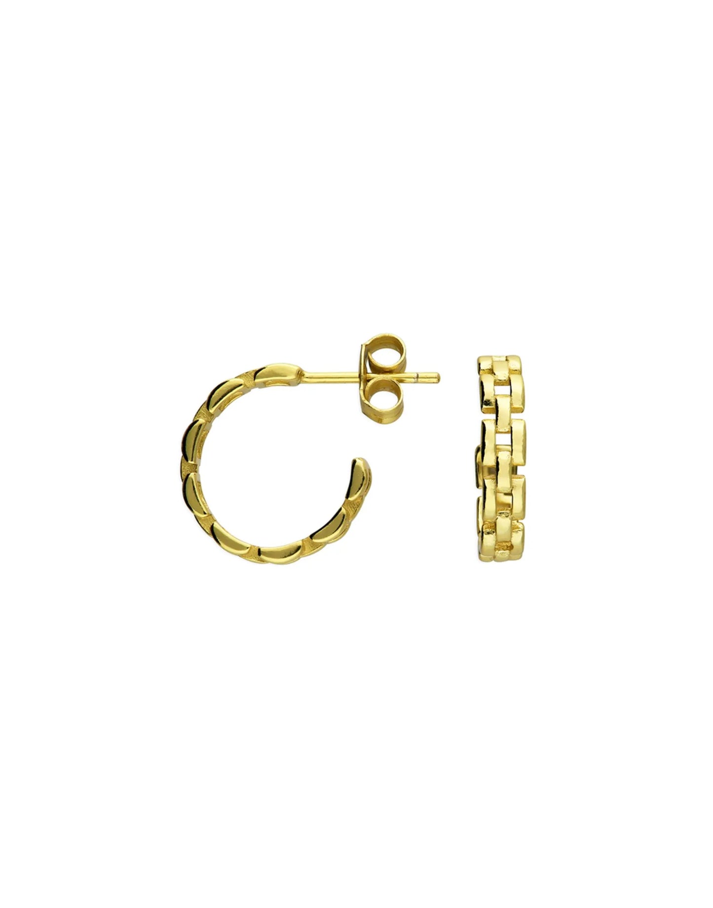 Gold gate hoop earrings on white background