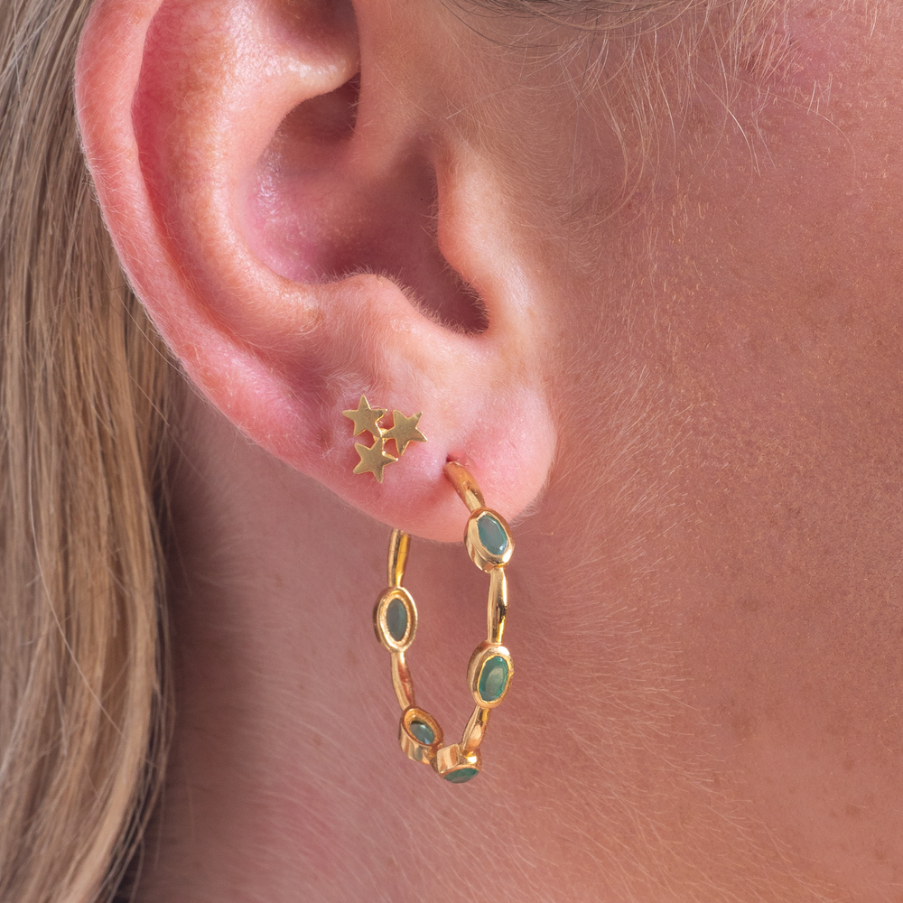 
                  
                    Green Onyx Gold Hoops on model
                  
                