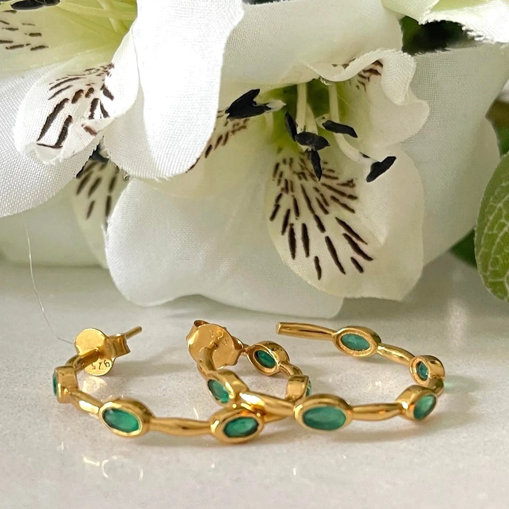 Green Onyx Gold hoop earrings with flowers