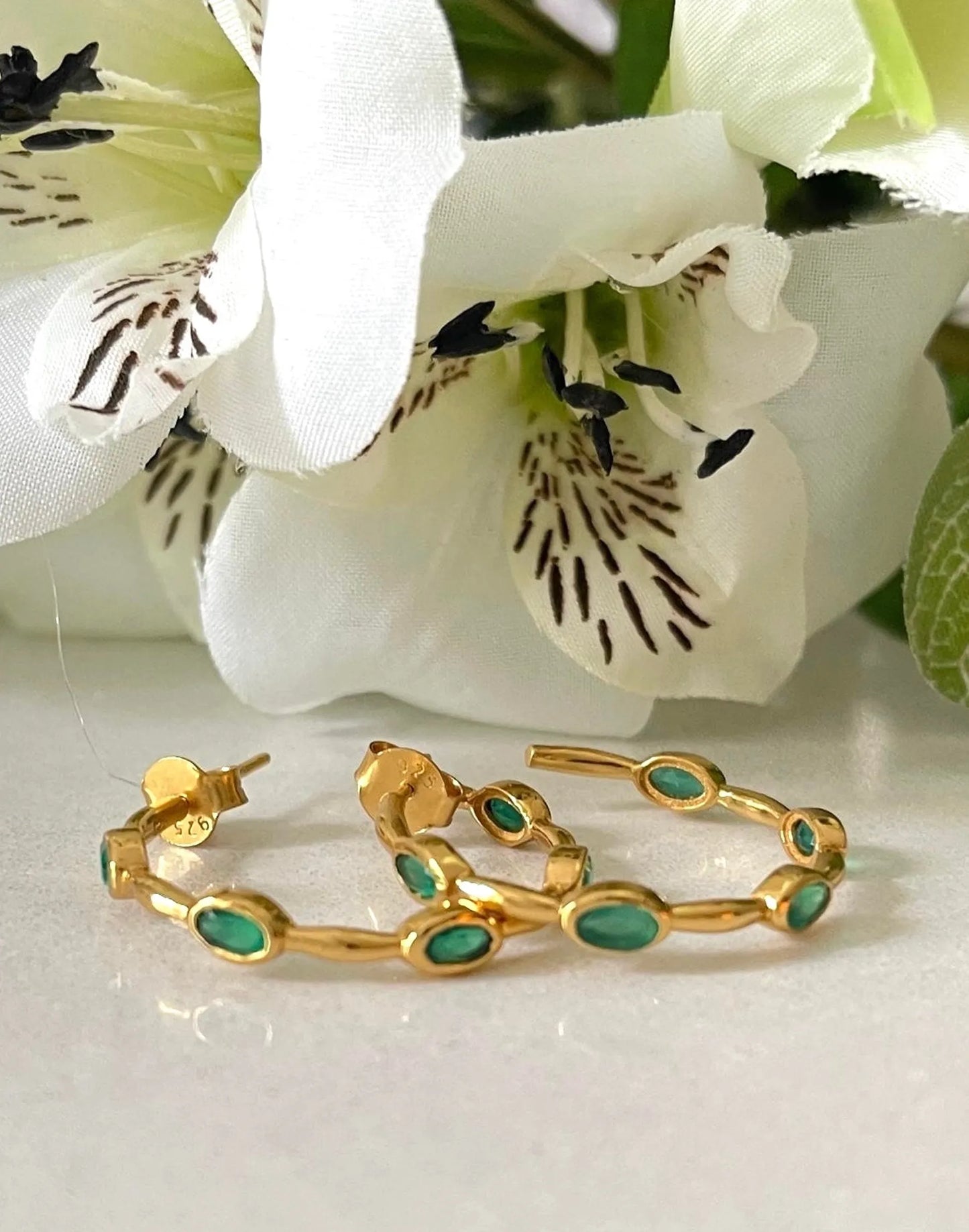 Green Onyx Gold hoop earrings with flowers