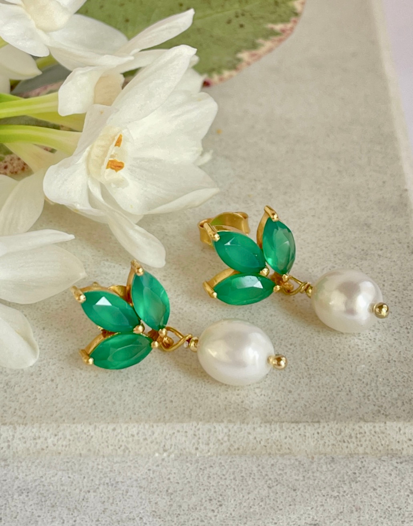 Green Onyx and Pearl earrings on tile