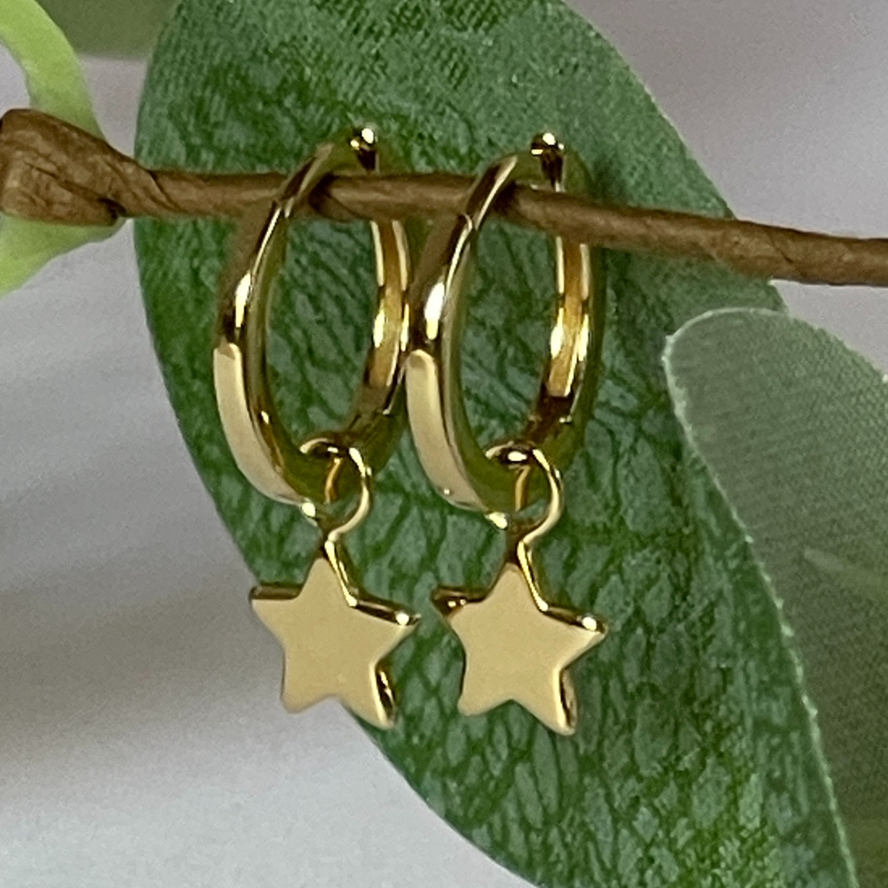 
                  
                    gold huggie earrings with small star charm
                  
                