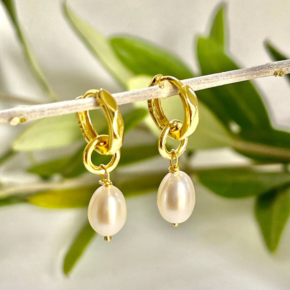 Kitty Gold Pearl Charm Huggies