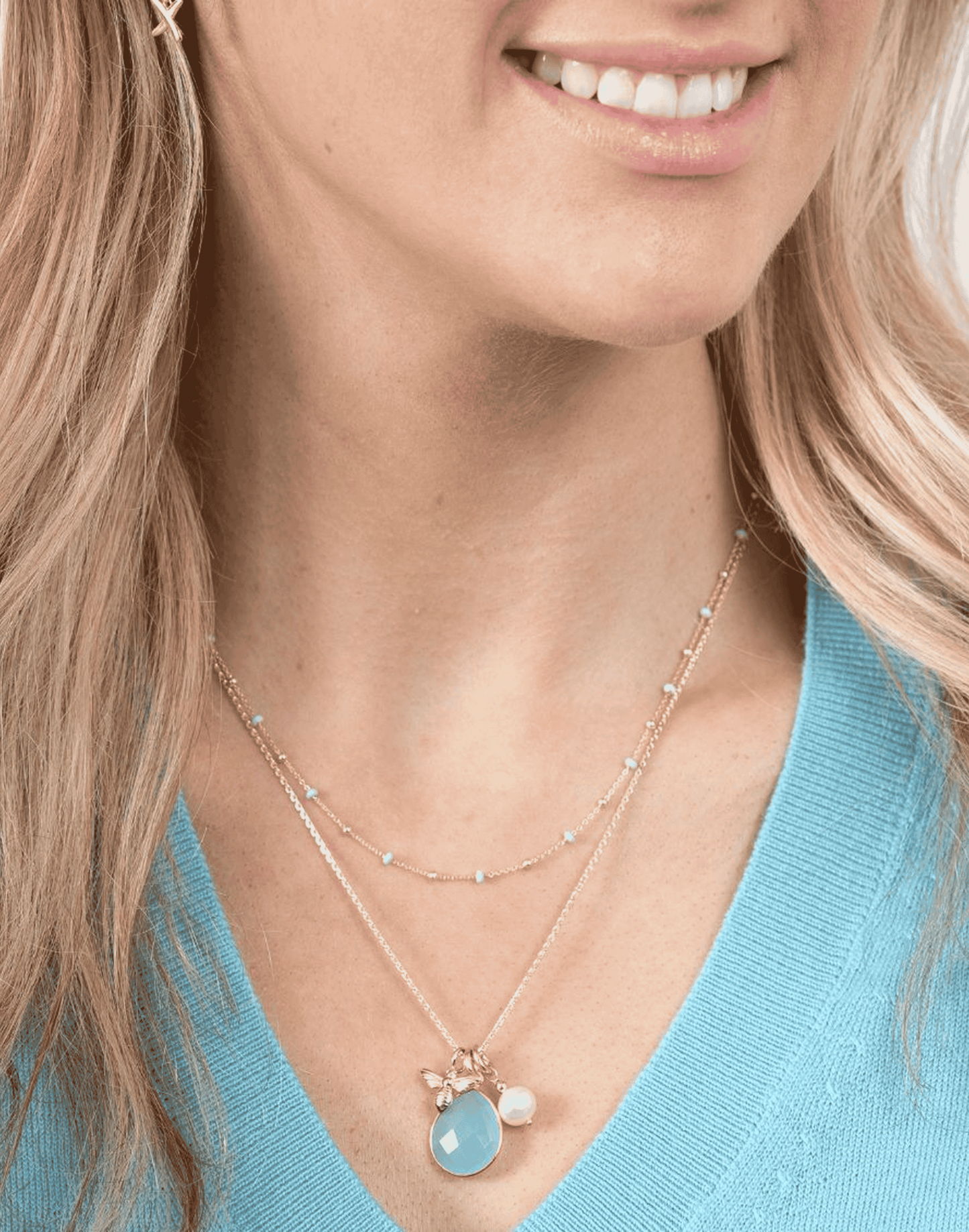 Kyla Aqua Chalcedony Necklace on model