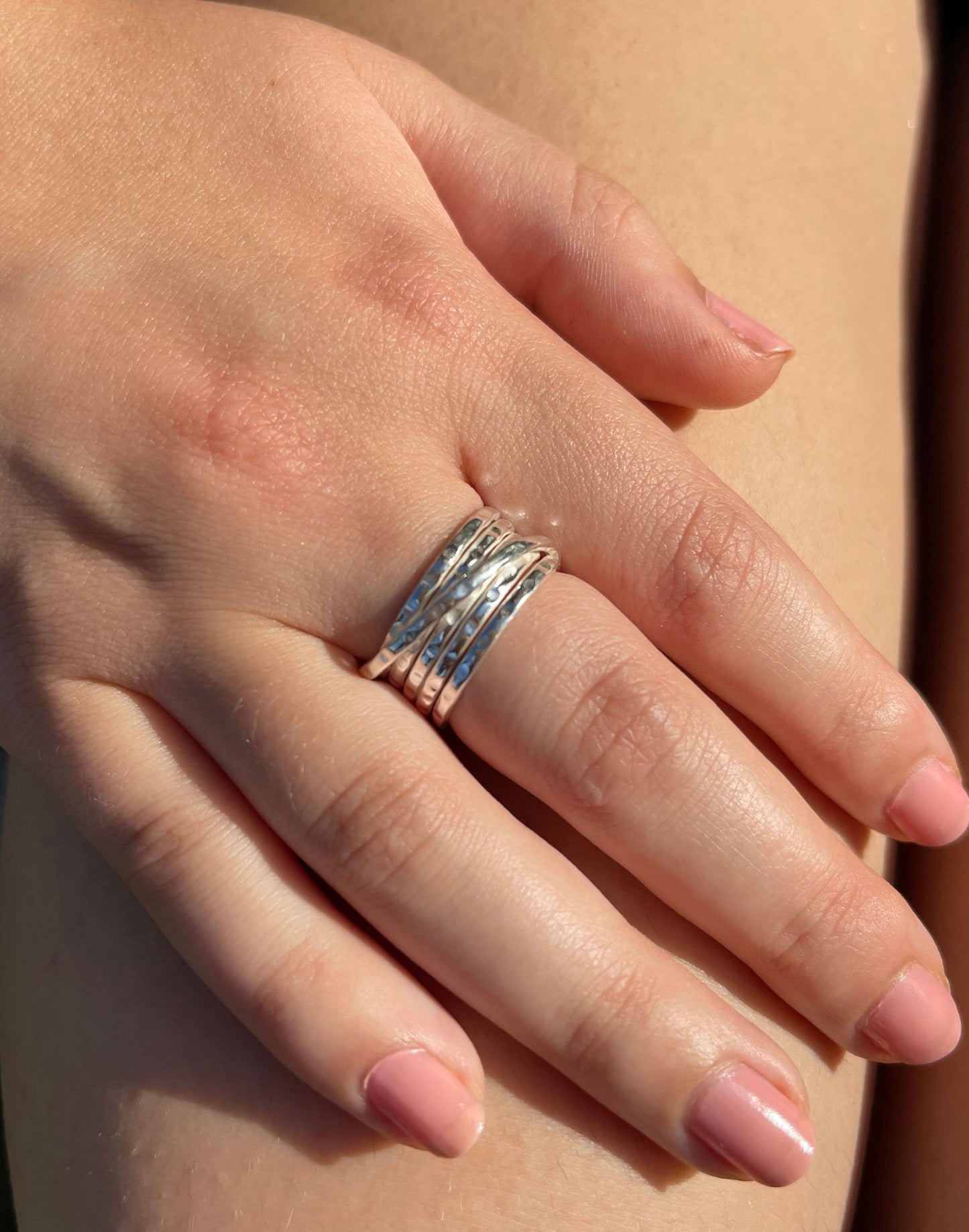 Model wears Multi band silver ring