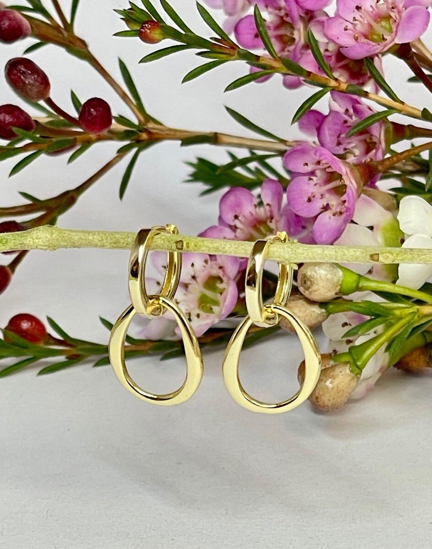 Organic charm gold huggie earrings with flowers