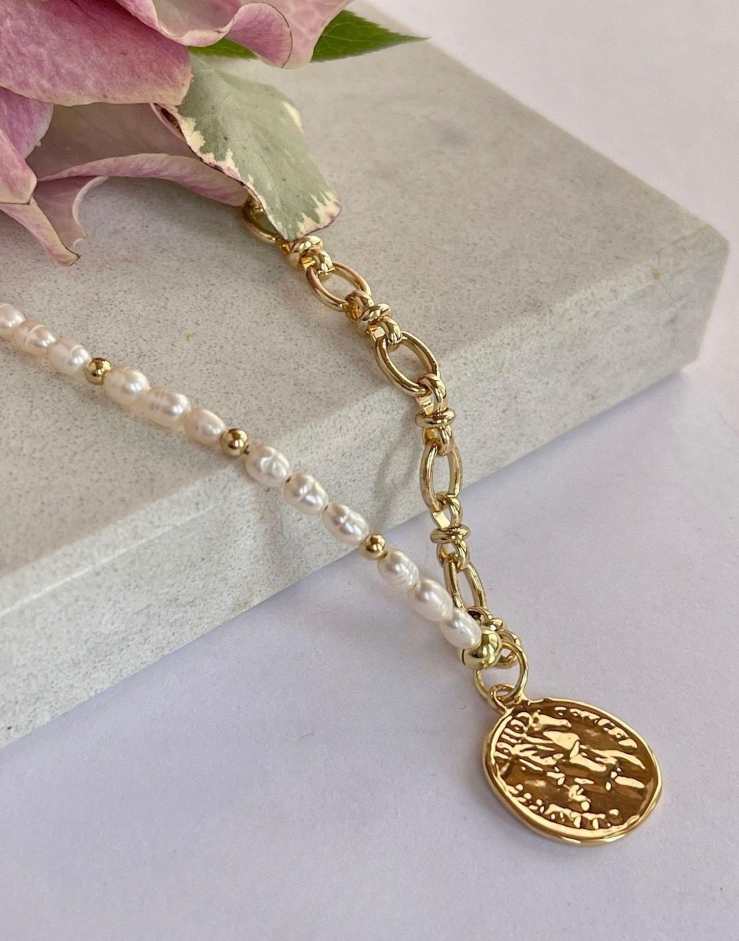 half pearl half gold fill chain necklace with coin charm