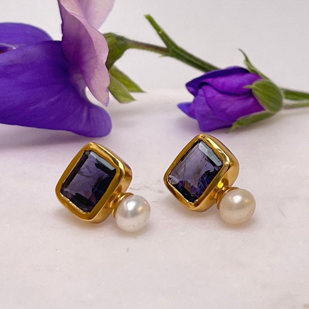 
                  
                    pearl and iolite stud earrings with flowers
                  
                