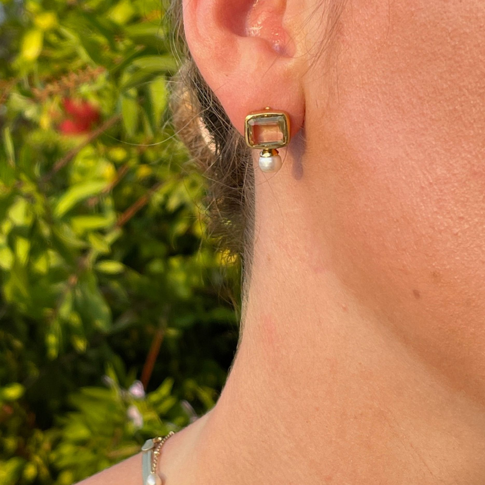 pearl and lemon quartz stud earrings on model