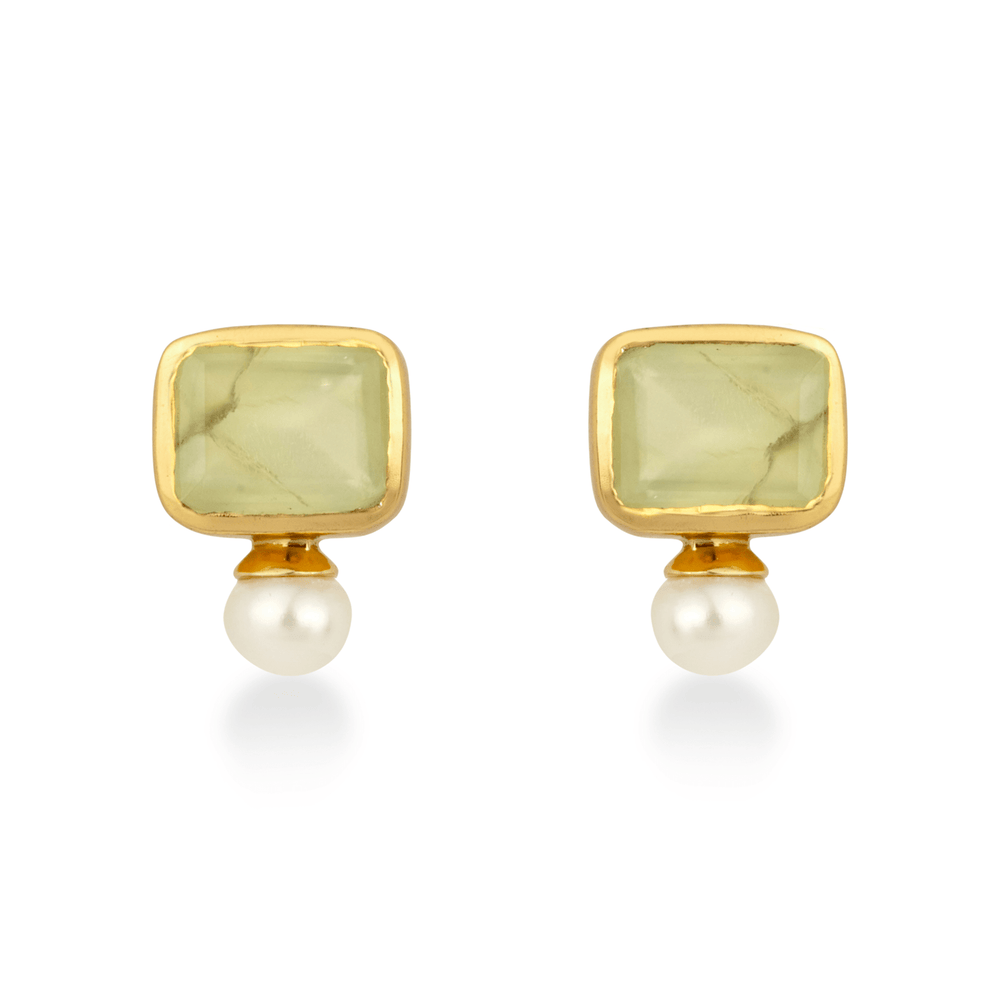 
                  
                    Pearl and Prehnite stud earrings on white background
                  
                
