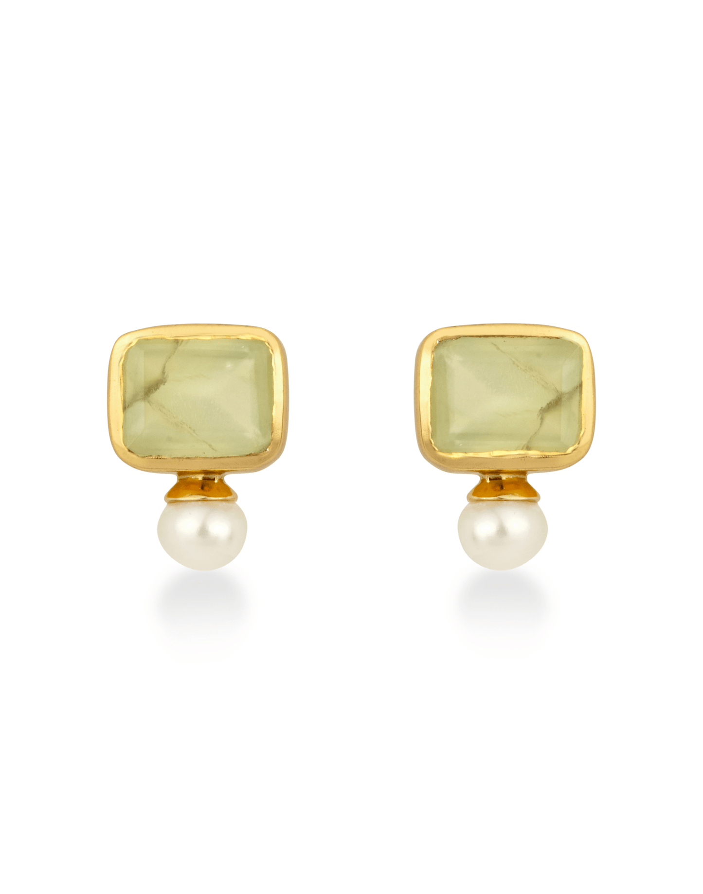 Pearl and Prehnite stud earrings on white background