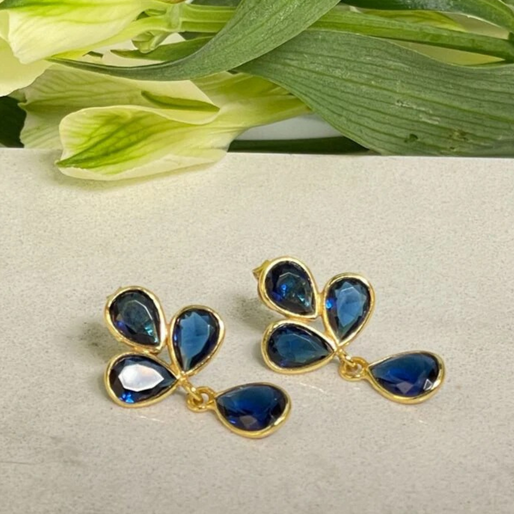 Petal Dark Blue Topaz Gold Earrings with flowers