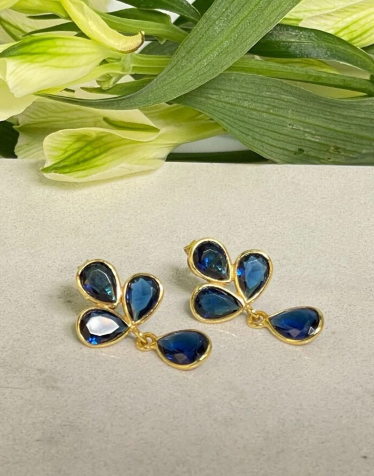 Petal Dark Blue Topaz Gold Earrings with flowers