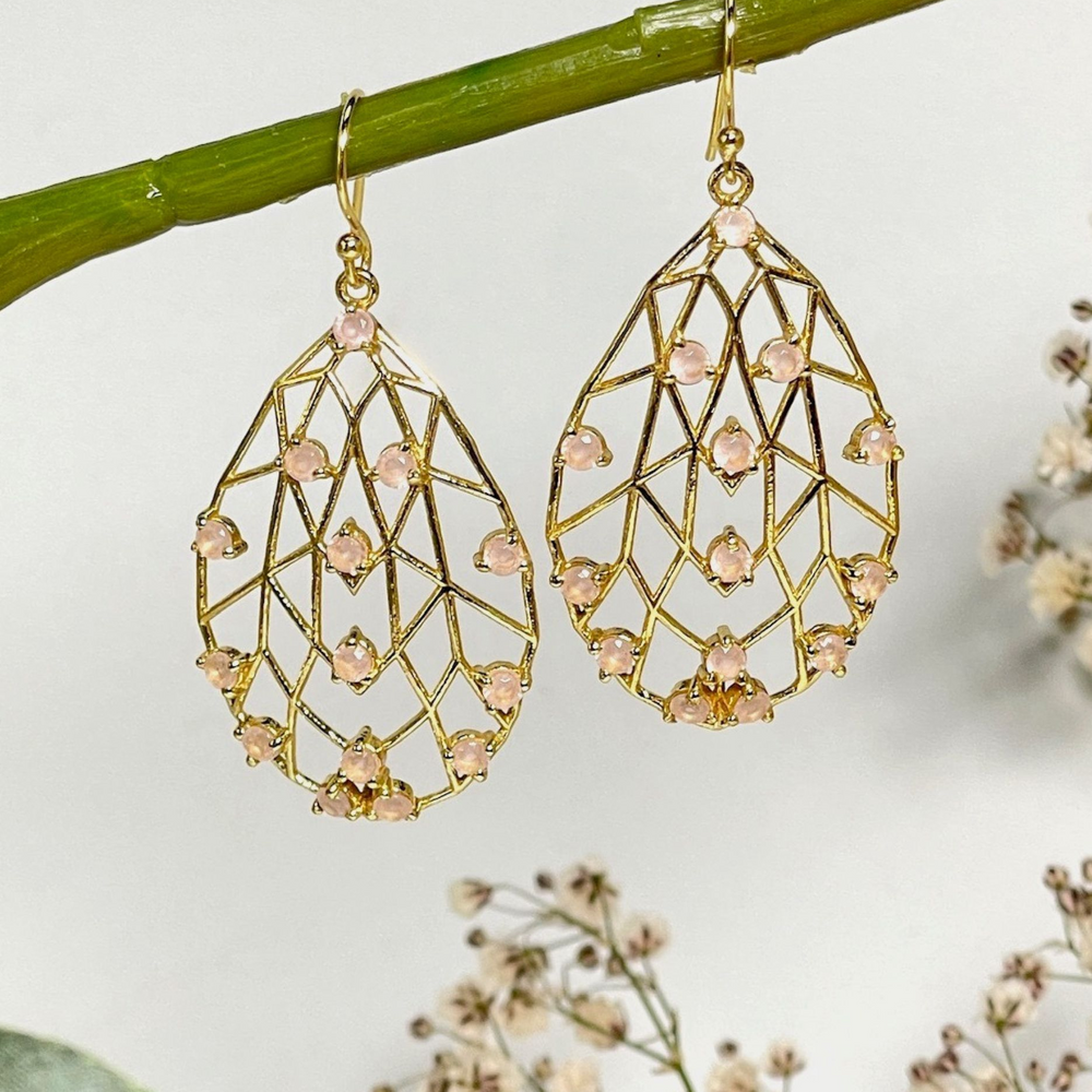 rose quartz pearl drop earrings on flower