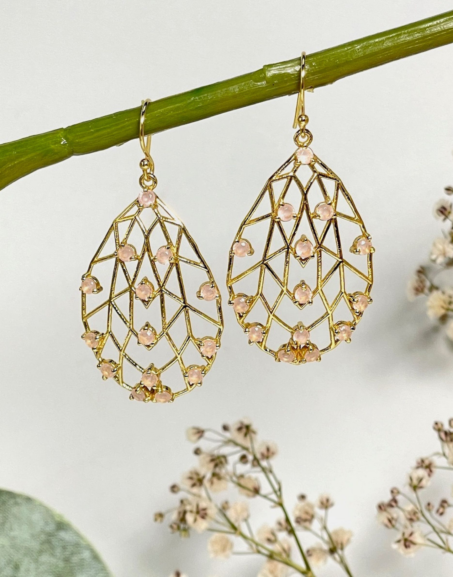 rose quartz pearl drop earrings on flower