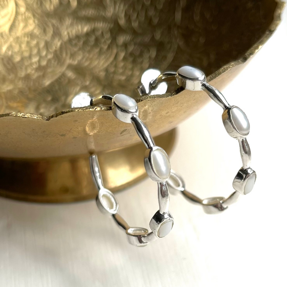 Silver pearl hoops