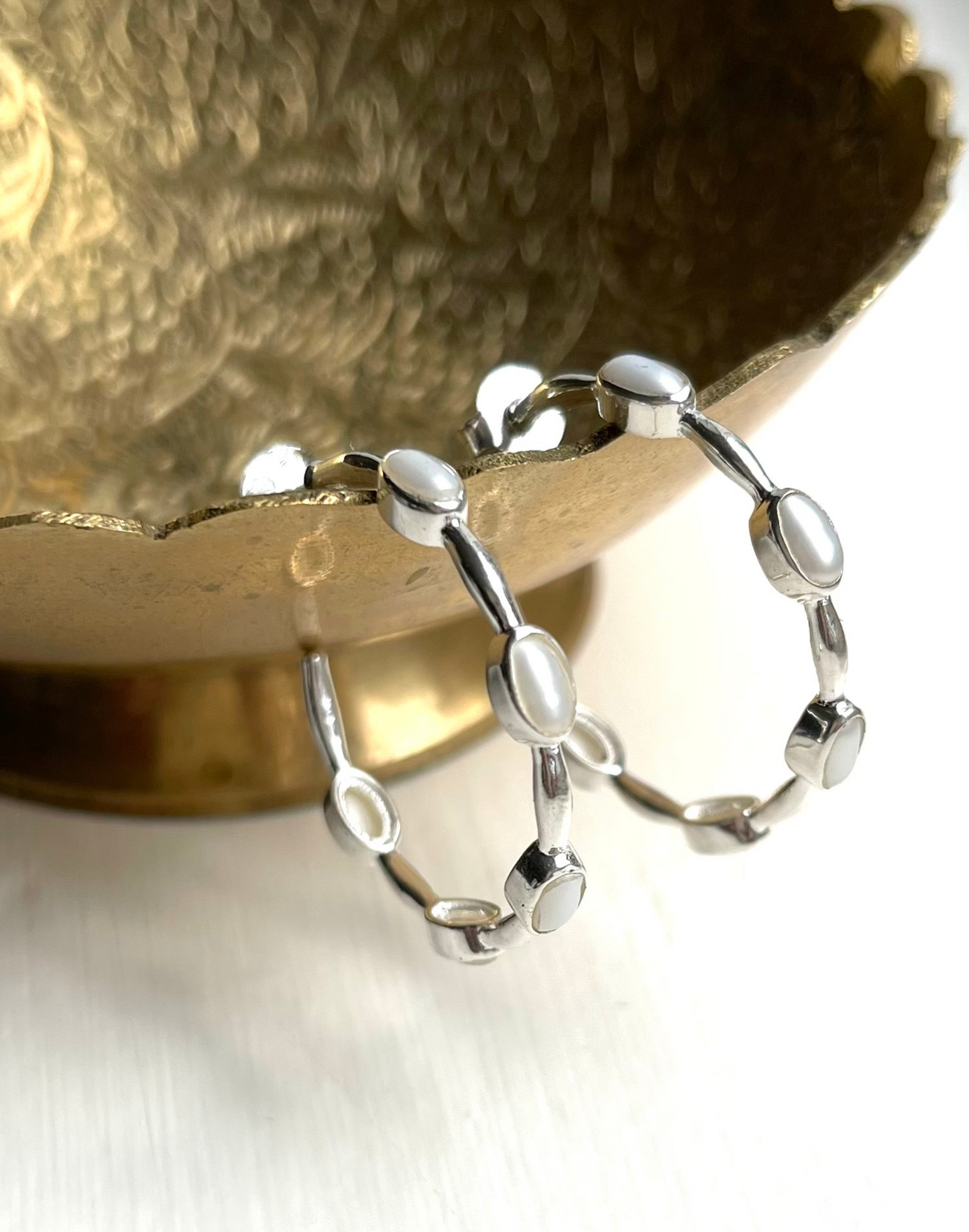 Silver pearl hoops