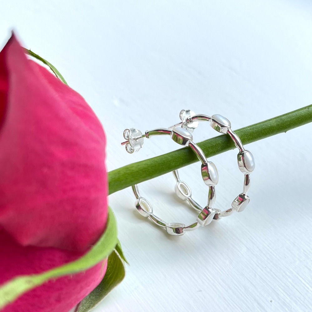 silver pearl hoop earrings