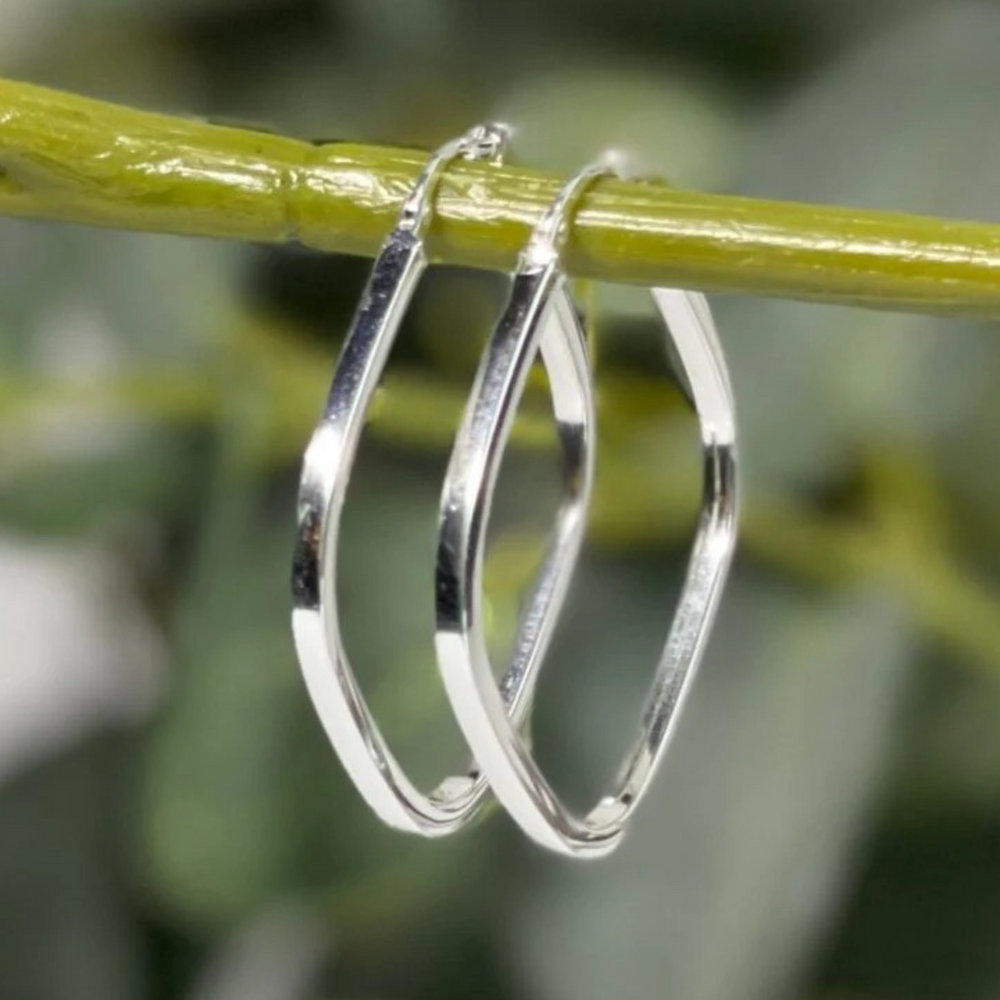silver square hoop earrings on branch