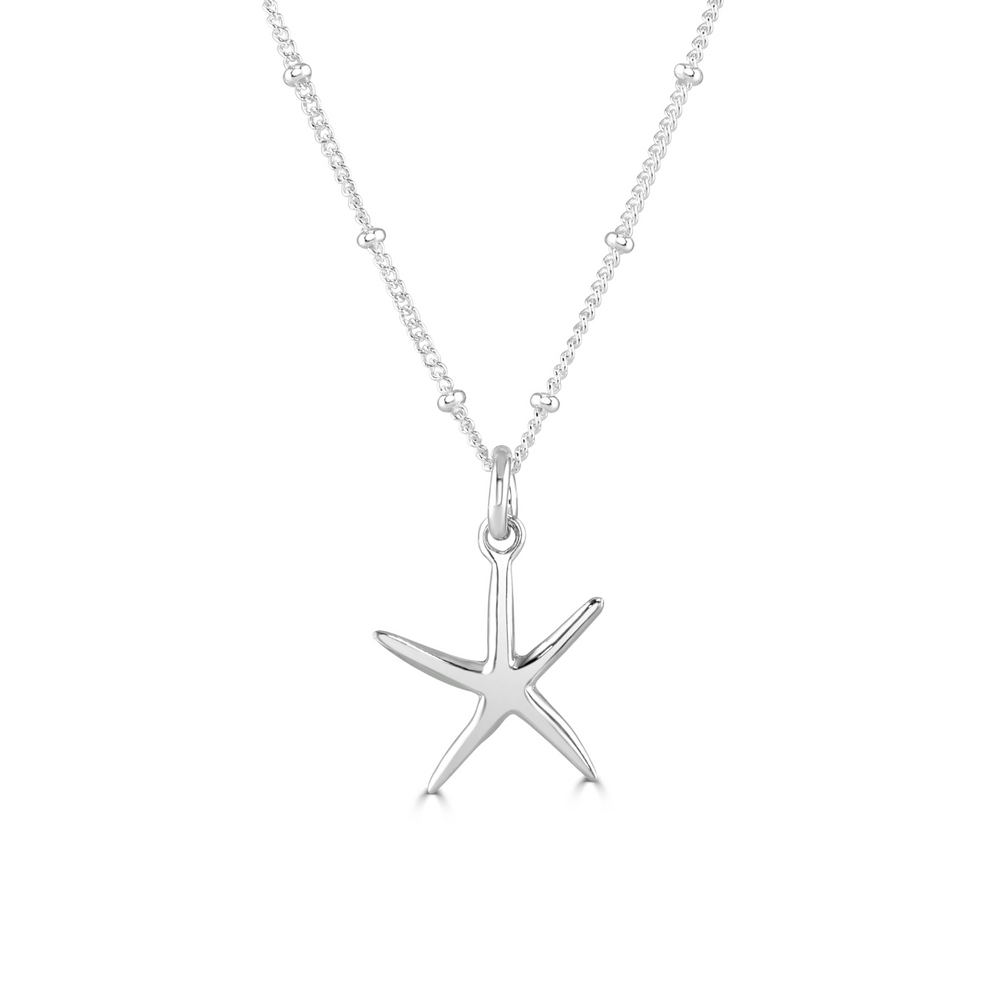 silver starfish necklace on white background