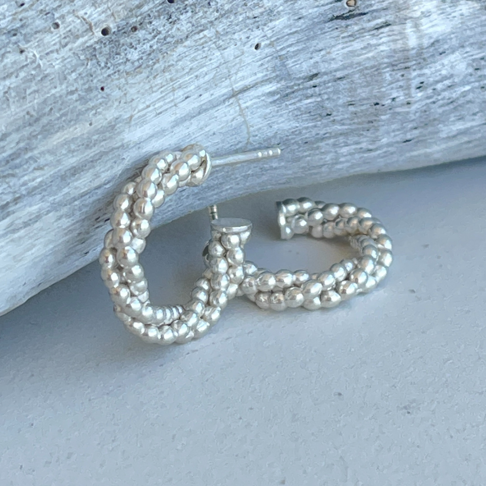 Silver twisted bead hoop earrings