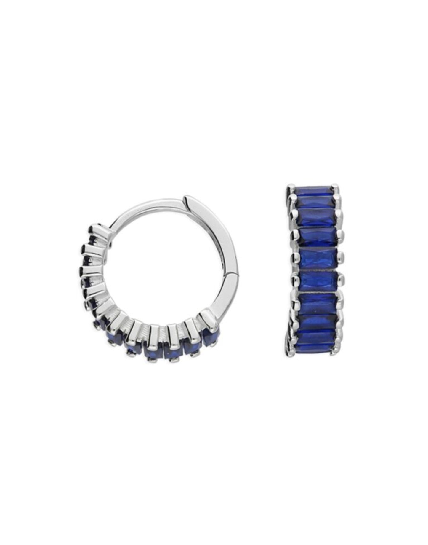 Silver and blue holiday huggie earrings