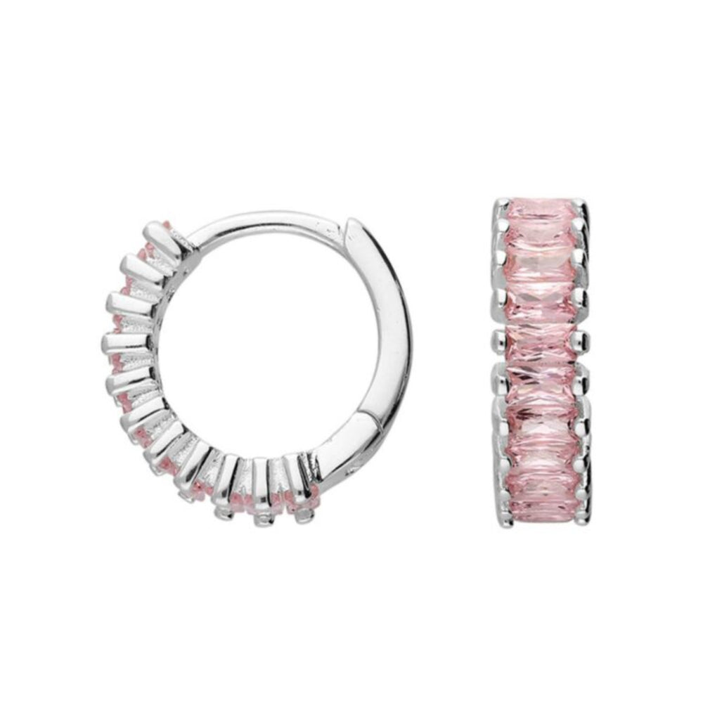 Silver and pale pink holiday huggie earrings