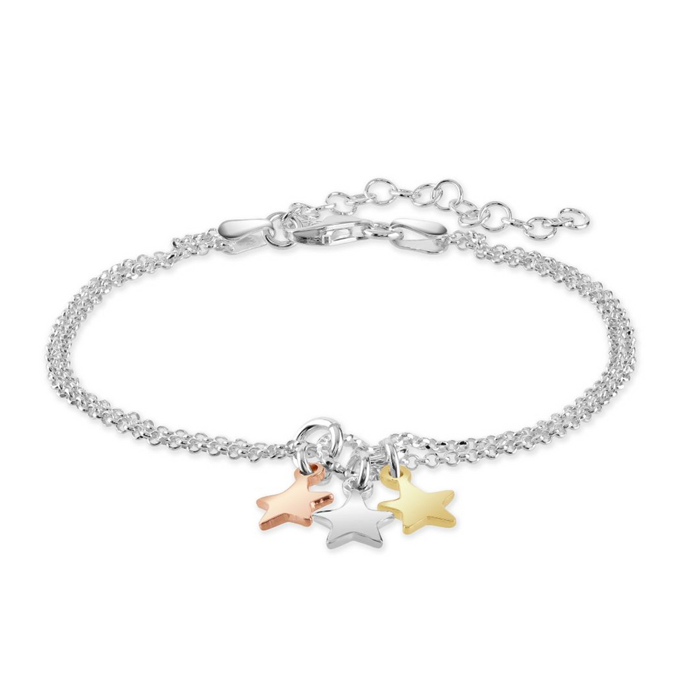Stella star charm silver bracelet with three star charms on a white background