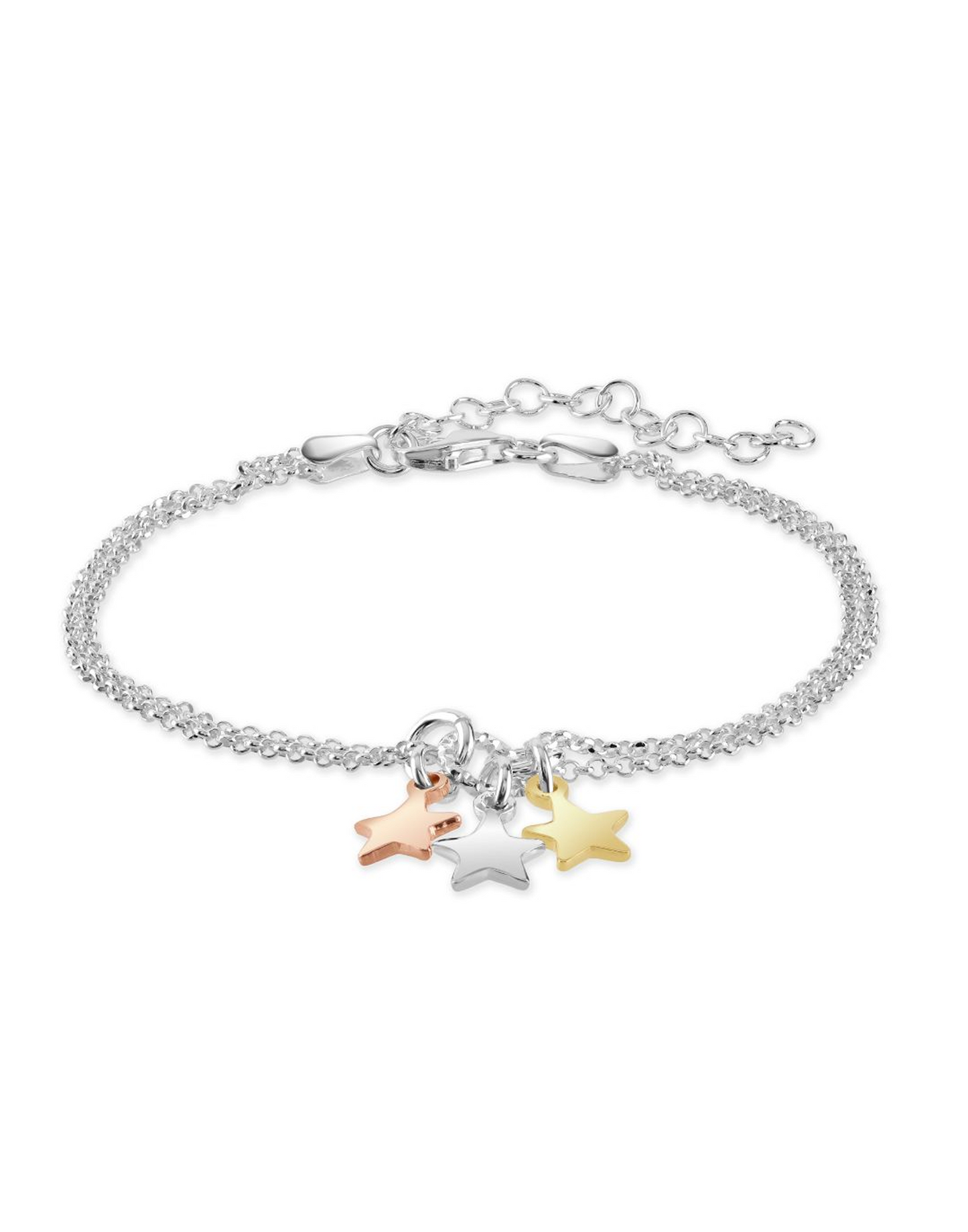 Stella star charm silver bracelet with three star charms on a white background