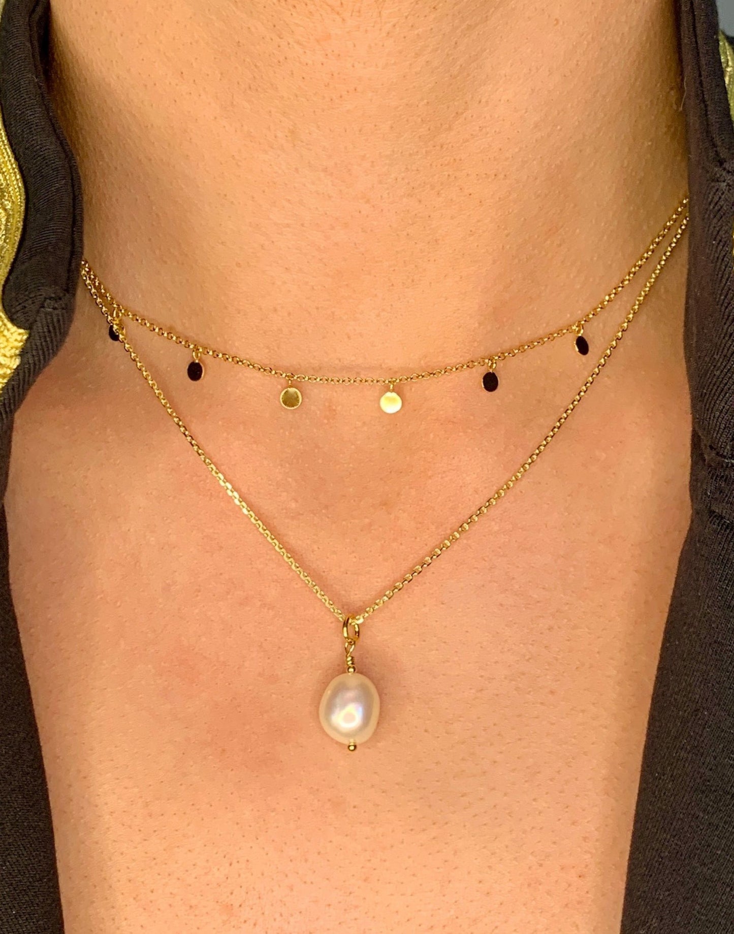 model wearing Tilly Gold Disc necklace