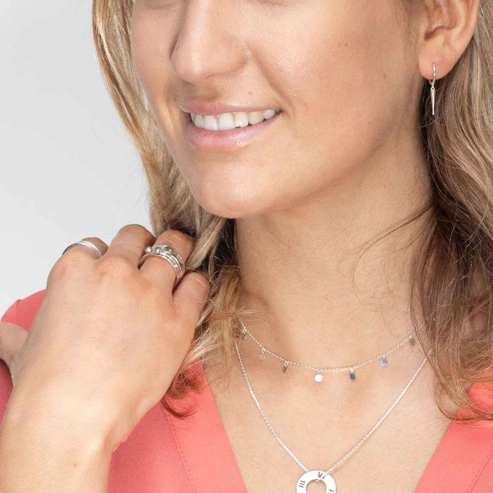 model wears Tilly Silver Disc Necklace