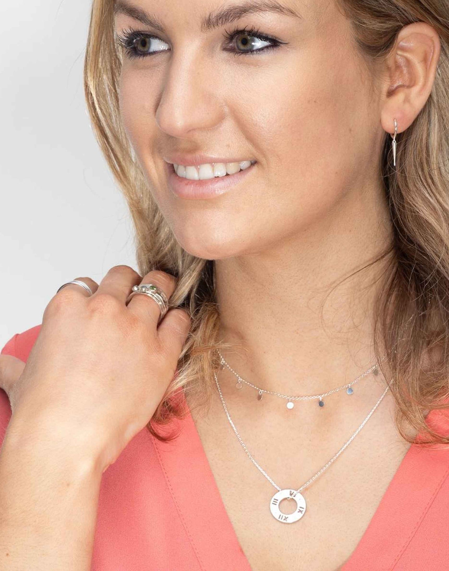 model wears Tilly Silver Disc Necklace
