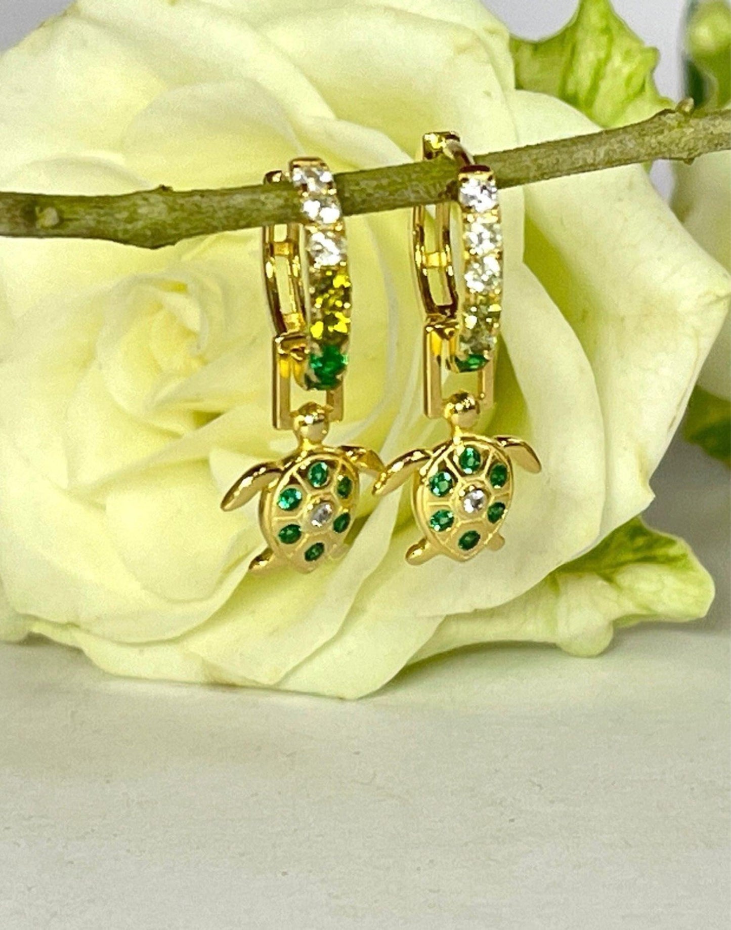 Turtle Gold Huggie Earrings with flower