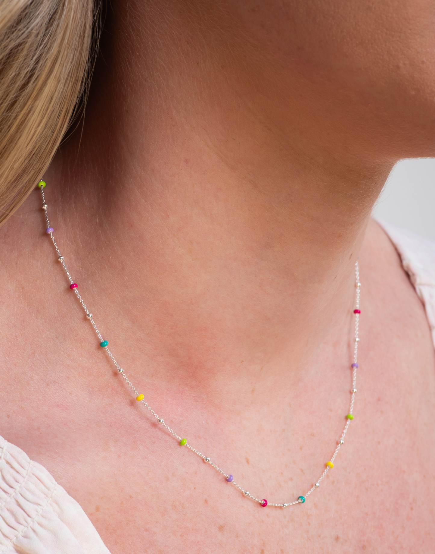 Tutti Fruiti Silver Necklace on model