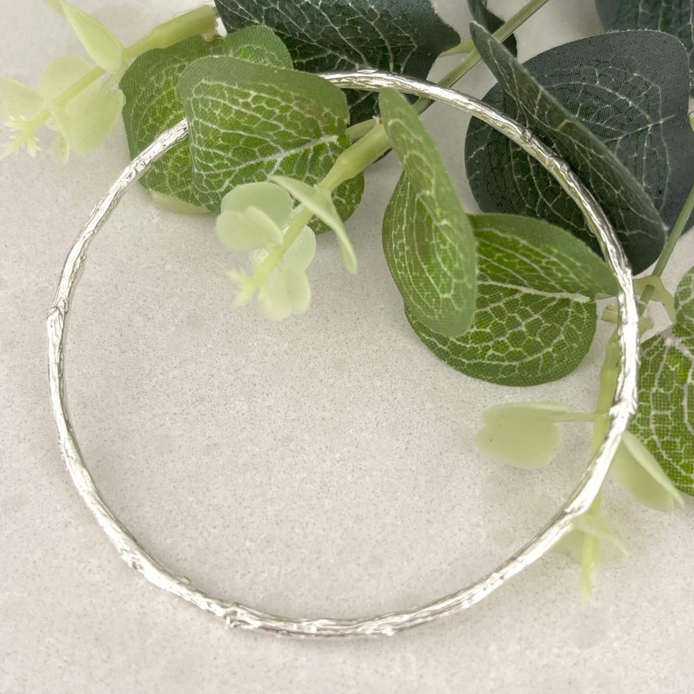 Twig silver bangle on a light grey background with green leaves

