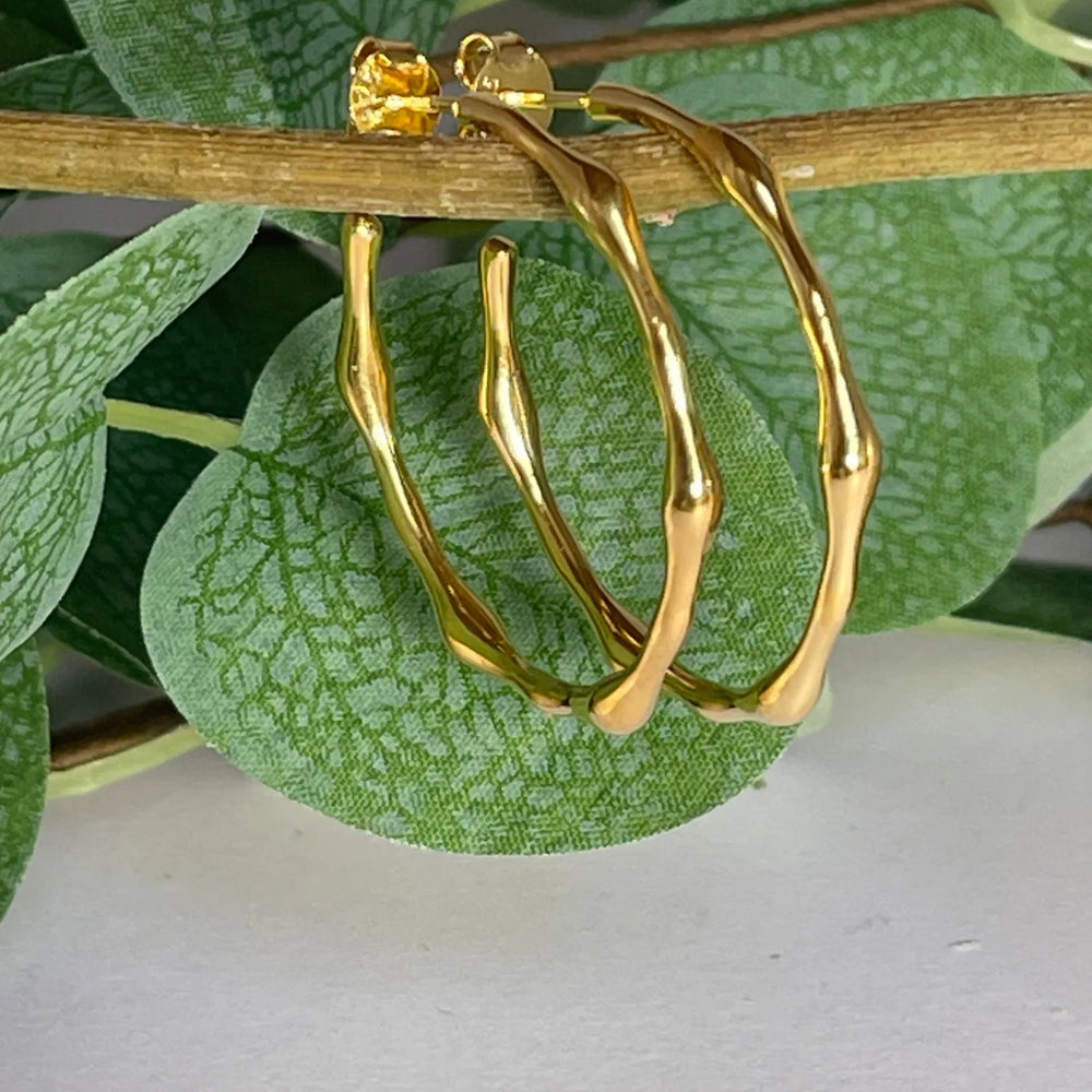 
                  
                    Zelda Gold Bamboo Hoop Earrings on branch
                  
                
