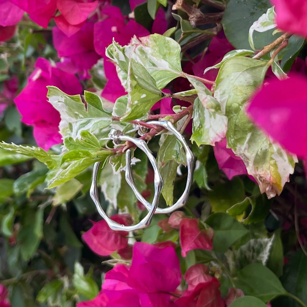 Zelda Silver Bamboo Hoop Earrings in pink flowers
