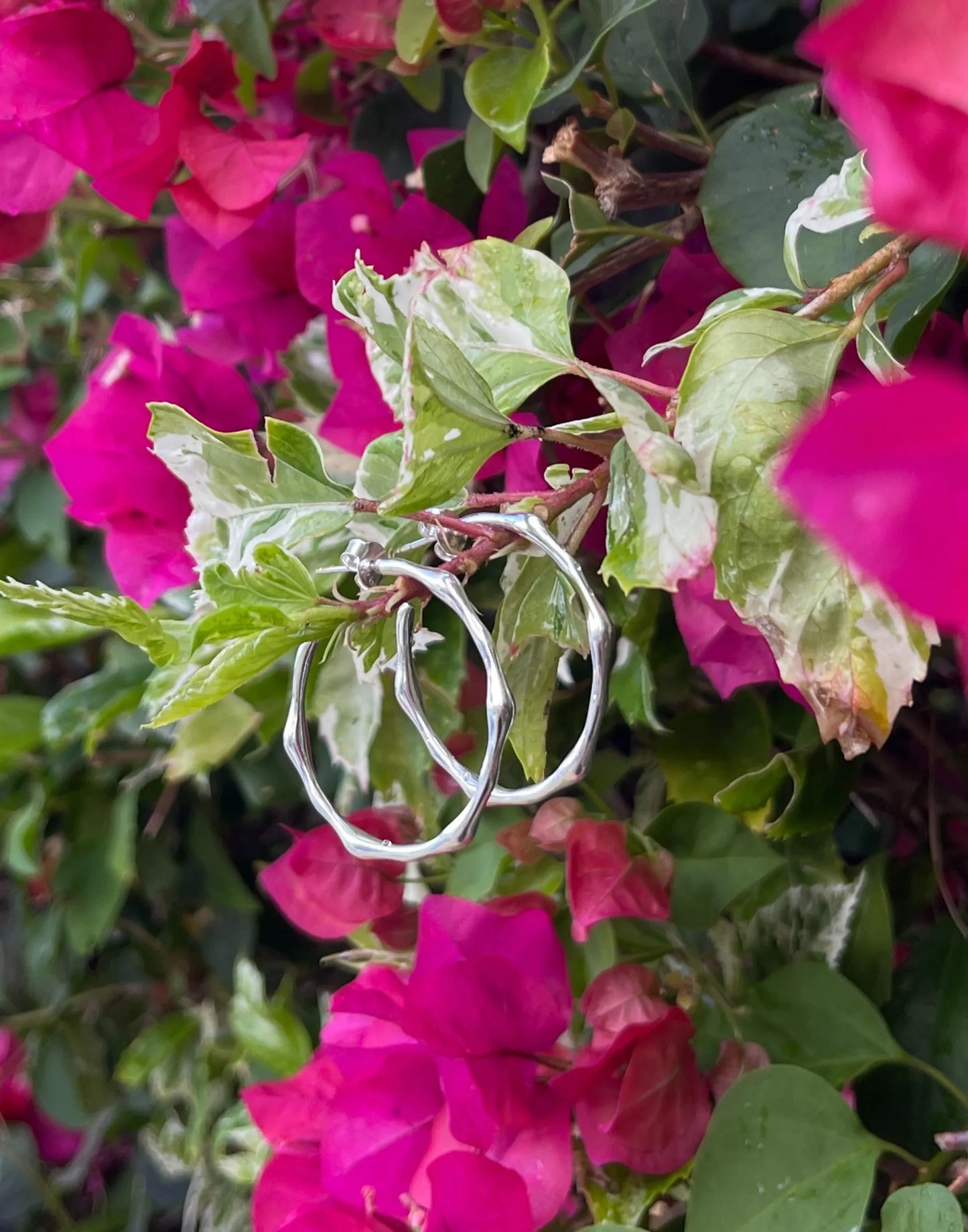 Zelda Silver Bamboo Hoop Earrings in pink flowers