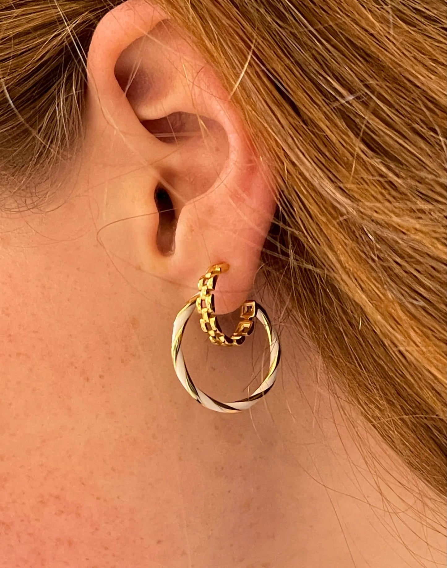 Gold Gate Hoop Earrings in stack
