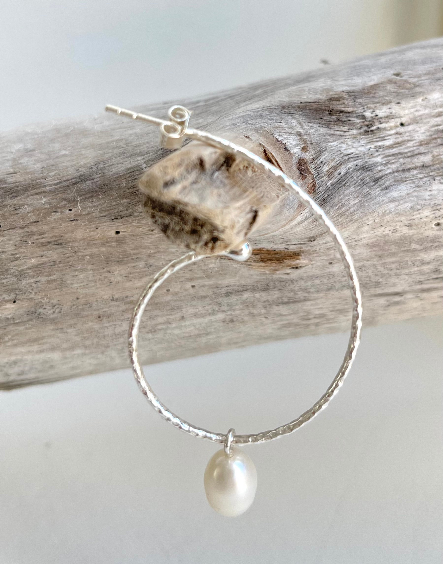 large silver hoop with pearl drop - one earring